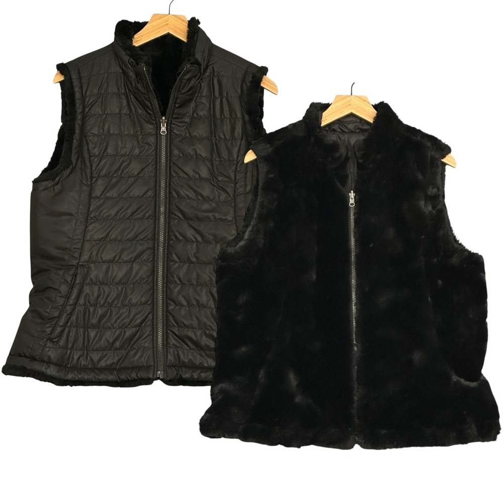Nicole Miller Womens Vest L Black Reversible Puffer Faux Fur Gorpcore Luxe Layer